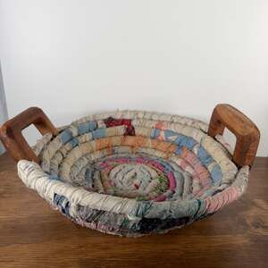 Vtg Handmade Coiled Fabric Rag Rug Basket Wood Handles